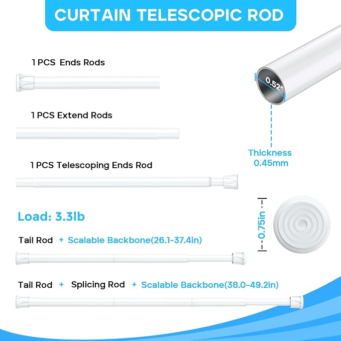 2PCS Small Tension Curtain Rod 28 to 48 Inch, Loaded Expandable Spring Curtain - Image 3
