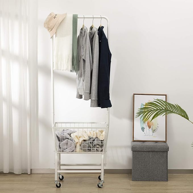 ALIMORDEN Laundry Cart with Clothes Rack, Rolling Laundry Butler with Wire - Image 7