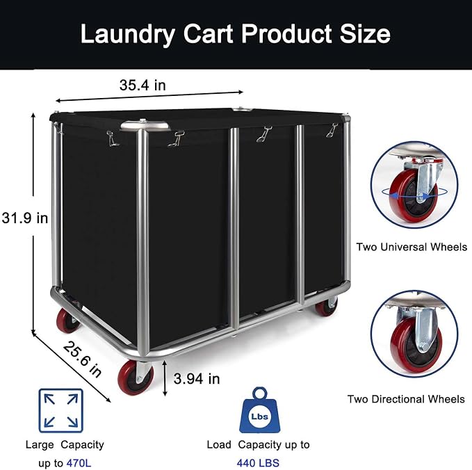 Commercial Laundry Cart with Wheels, 470L Industrial Rolling Laundry Basket - Image 2