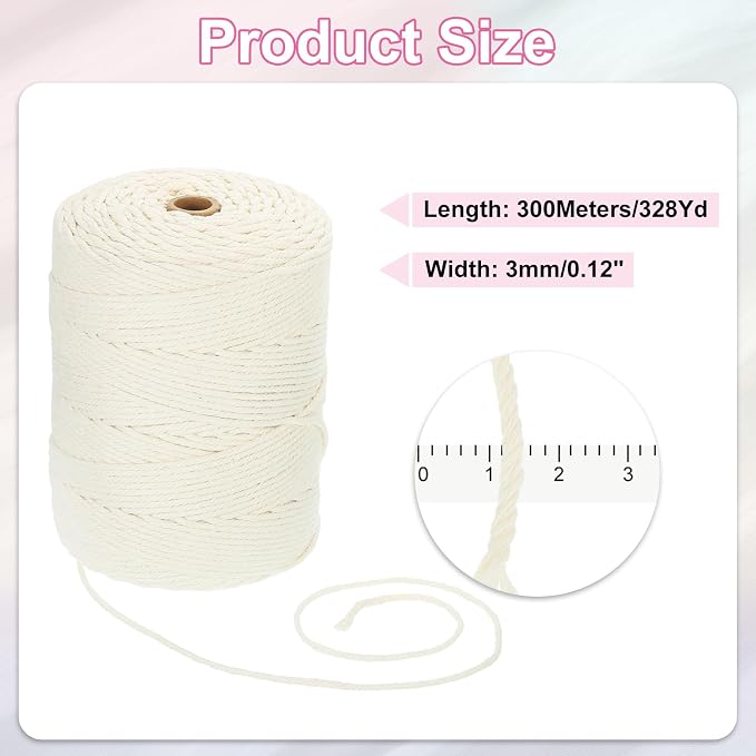 HARFINGTON Natural Macrame Cord 3mm x 328 Yards 4 Strand Twisted Cotton Macrame - Image 2