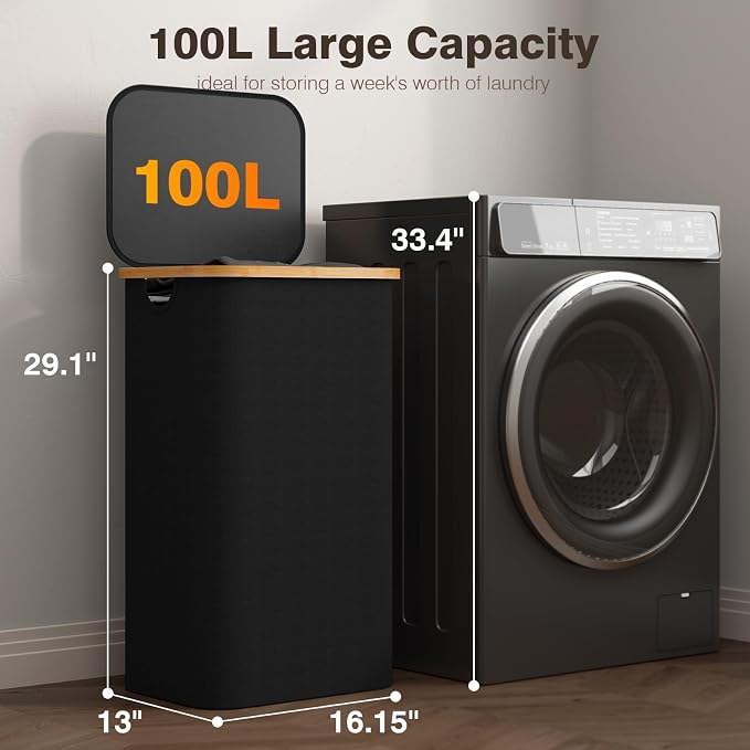 100L Laundry Hamper with Lid, Large Laundry Basket with Bamboo Handles - Image 2