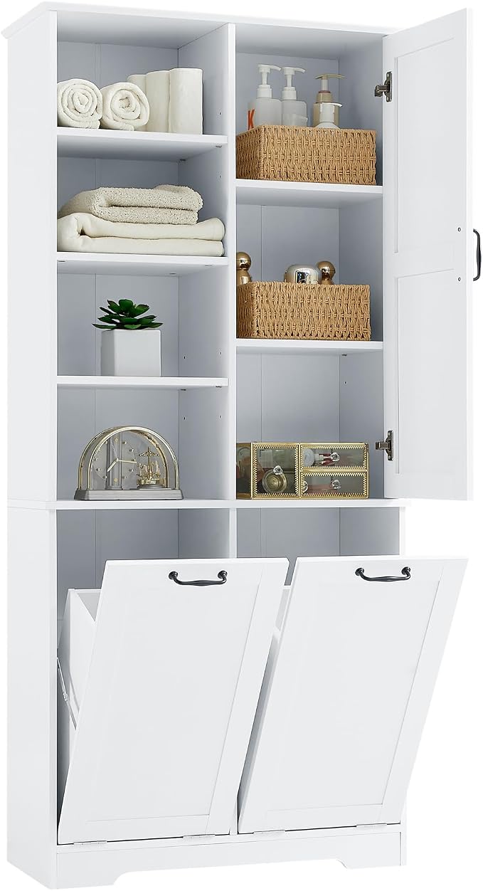 Merax Cabinet with Tilt-Out Laundry Hamper Basket, Tall Bathroom Storage - Image 9