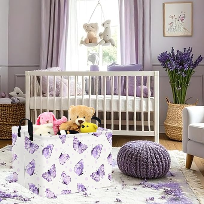 Rectangular Purple butterfly basket, Books Storage Basket, Collapsible Storage - Image 2