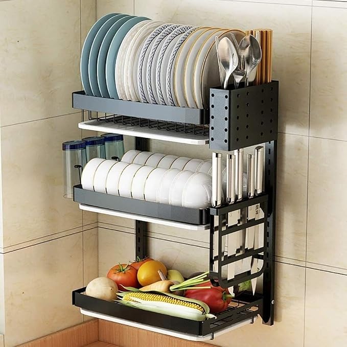 3 Tier Black 201 Stainless Steel Kitchen Wall-Mounted Dish Drying Rack Drain - Image 6