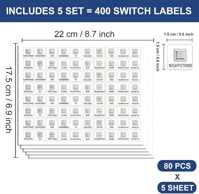 Pack of 400 Light Switch Sticker Labels, 20 Designs Visual Switch ID Stickers - Image 2