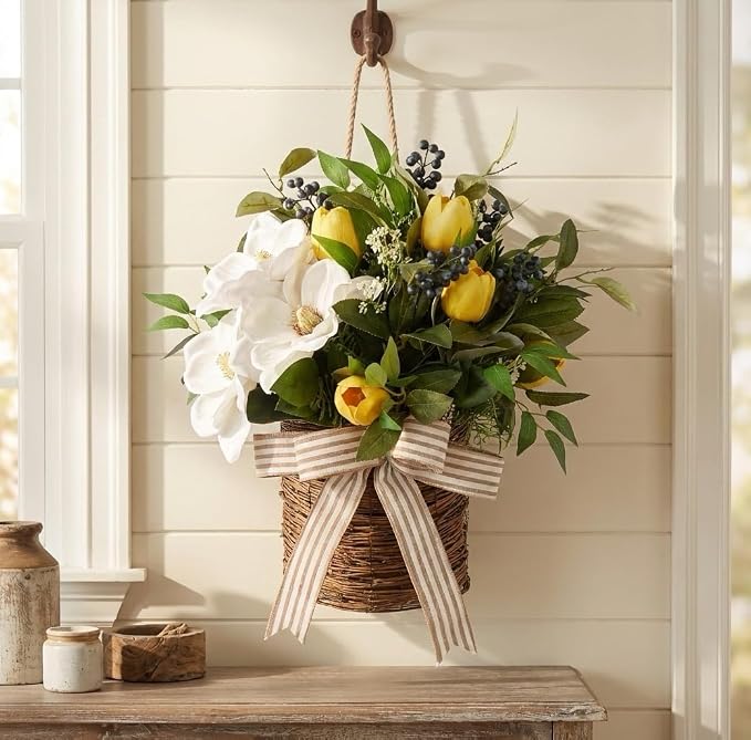 20" Spring Easter Floral Basket Wreath - Image 8