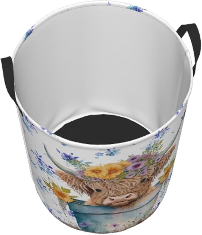 Highland Cow with Blue Floral Laundry Basket, Farm Animal Dirty Clothes Laundry - Image 2