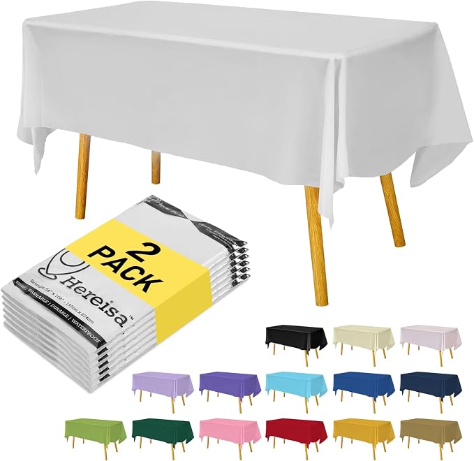 White Plastic Tablecloths 2 Pack Disposable Table Covers 54 x 108 Inch Bridal by Hereisa