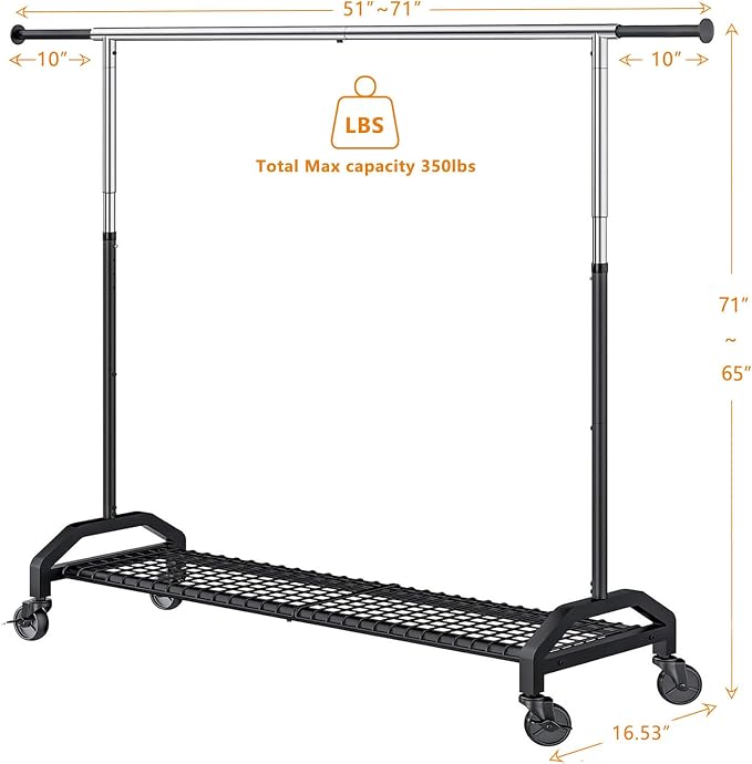 Heavy Duty Clothes Rack for Hanging Clothes Extendable Rolling Clothing Rack - Image 3