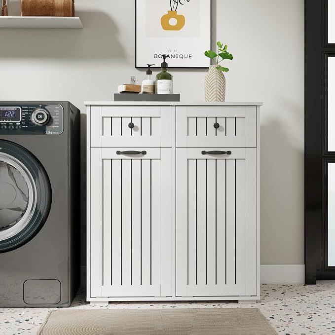 White Laundry Cabinet with 2 Removable Laundry Baskets & 2 Drawers – Laundry - Image 3