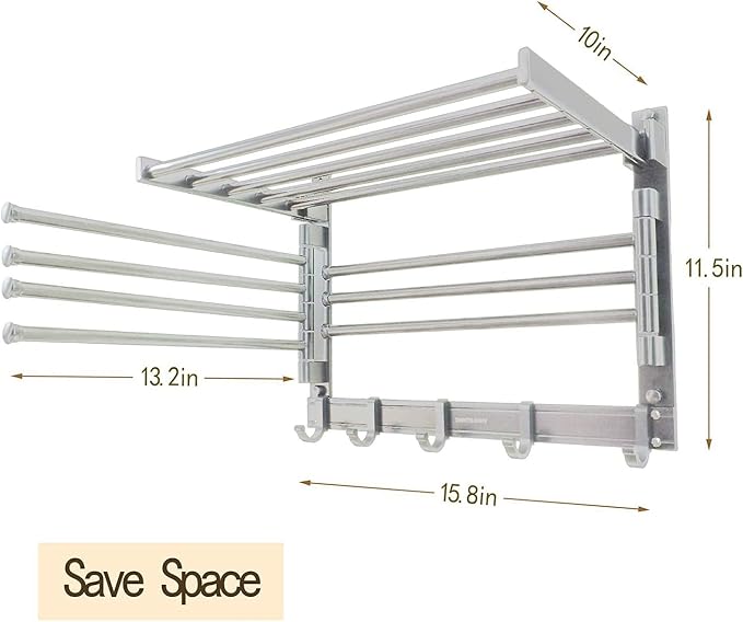 Wall Mounted Laundry Rack with Swivel Towel Rack Hooks and Swing Arms Space - Image 3