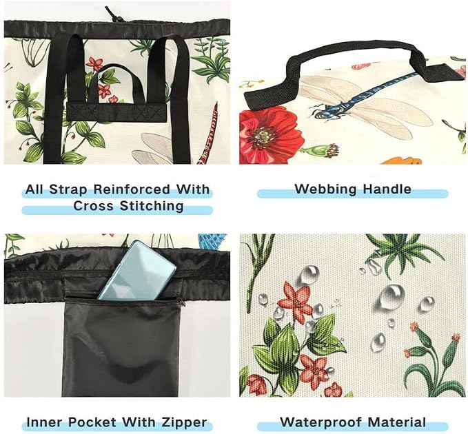 VIGTRO Spring Flowers Dragonflies Large Heavy Duty Laundry Backpack Hamper - Image 2