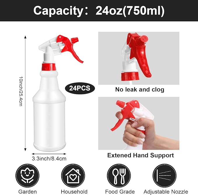 Gerrii 24 Pcs 24oz Plastic Spray Bottle Bulk, Empty Refillable Squirt Bottles - Image 2
