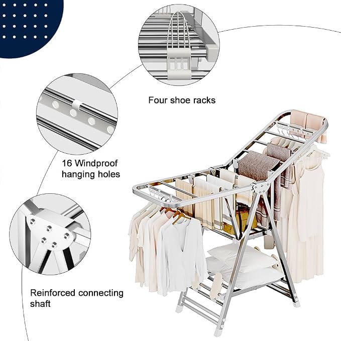 MIKEE Clothes Drying Rack, Stainless Steel Foldable Laundry Drying Rack - Image 6