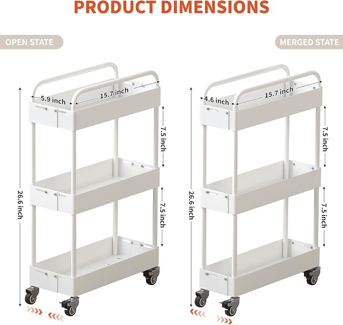 HOTEAGLE 3-Tier Rolling Cart Metal Expandable Utility Carts - Image 7
