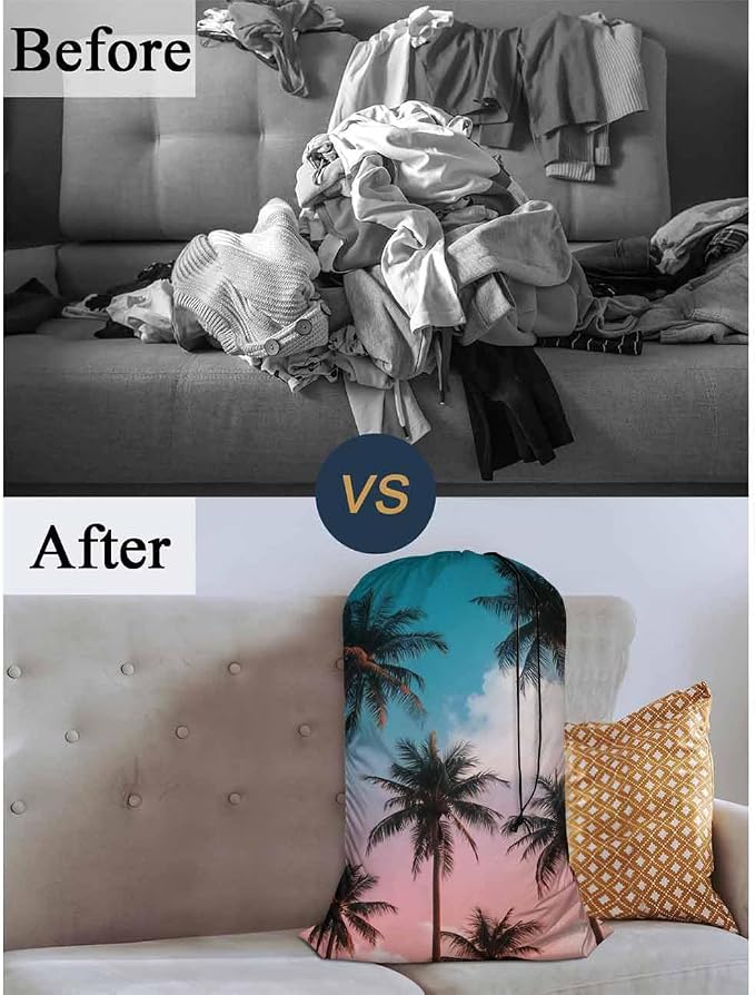 Swono Palm Trees Drawstring Portable Large Capacity Laundry Bags Sunny Day - Image 5