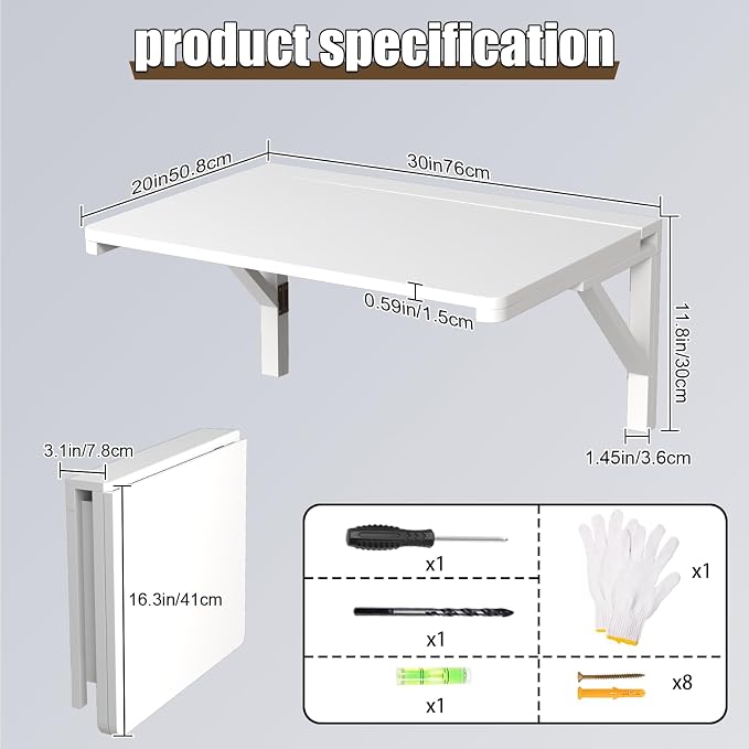MM MELISEN Wall Mounted Folding Table, 29.5"L x 19.6"W, Space-Saving Design - Image 3