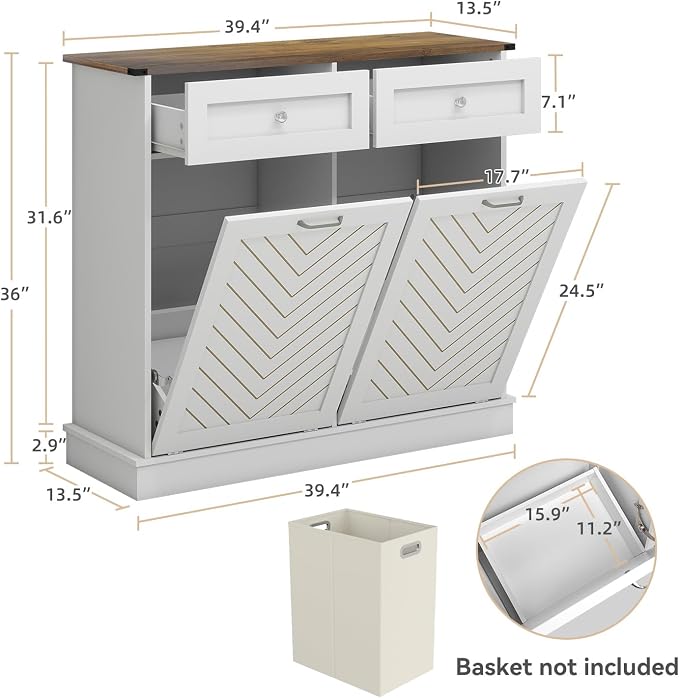YOURLITE Double Tilt-Out Laundry Hamper Cabinet, 20 Gallon Herringbone Trash - Image 2