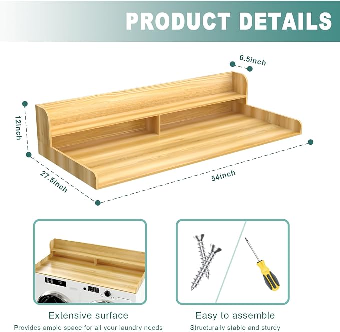 Wooden Laundry Countertop with 2 Tier Shelf, Universal Fit - Image 3