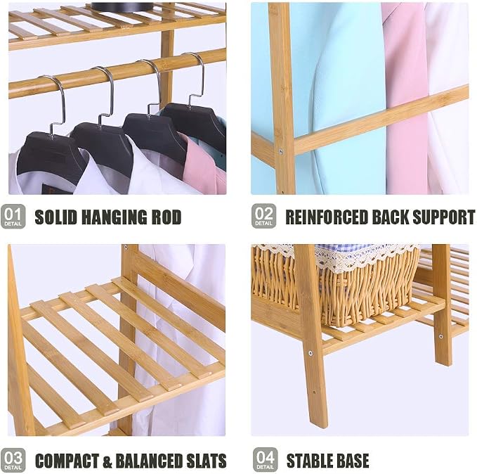 Ufine Bamboo Garment Rack 7-Tier Storage Shelves Clothes Hanging Rack, Heavy - Image 6