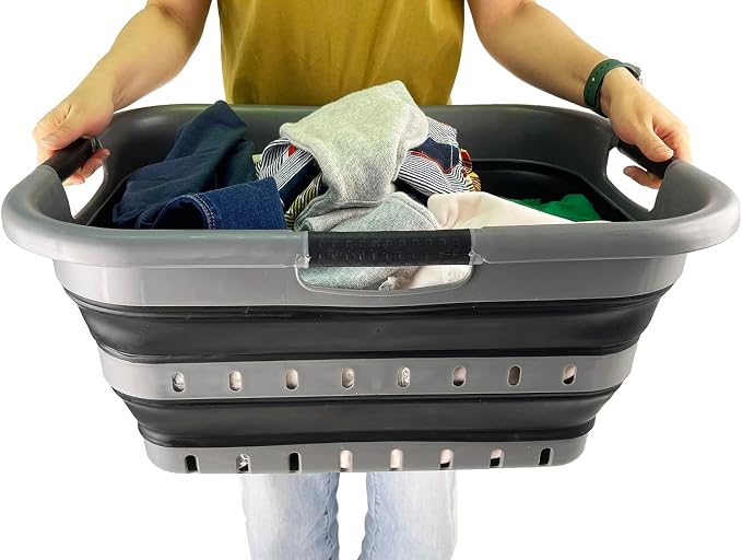 SAMMART 41L Set of 2 Collapsible 3 Handled Plastic Laundry Basket-Foldable Pop - Image 4