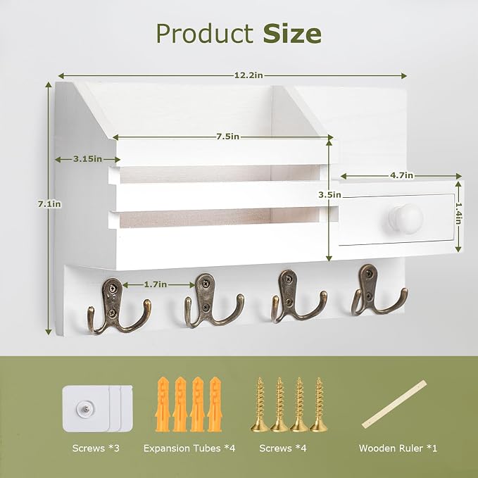 Key Holder Wall Mount, Wooden Adhesive Mail and Key Organizer - Image 5