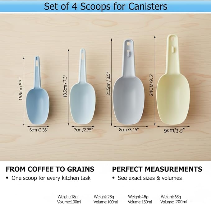 Nesting Kitchen Scoops for Ice Cubes Set of 4, Flour & Coffee Beans, Plastic - Image 7