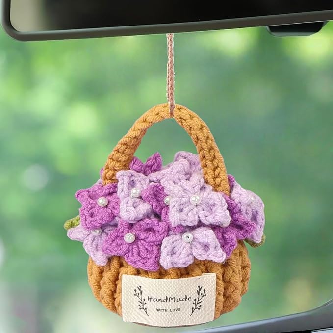 Car Mirror Hanging Accessories, Crochet Plant Decor, Boho Knitted Flower Basket by CenynDecor