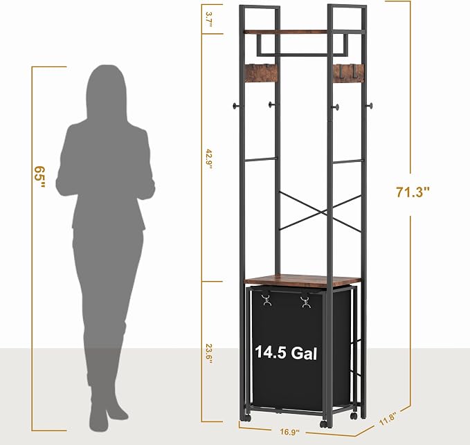 Coat Rack with Laundry Basket, Laundry Hamper Freestanding Hall Tree, Clothes - Image 4