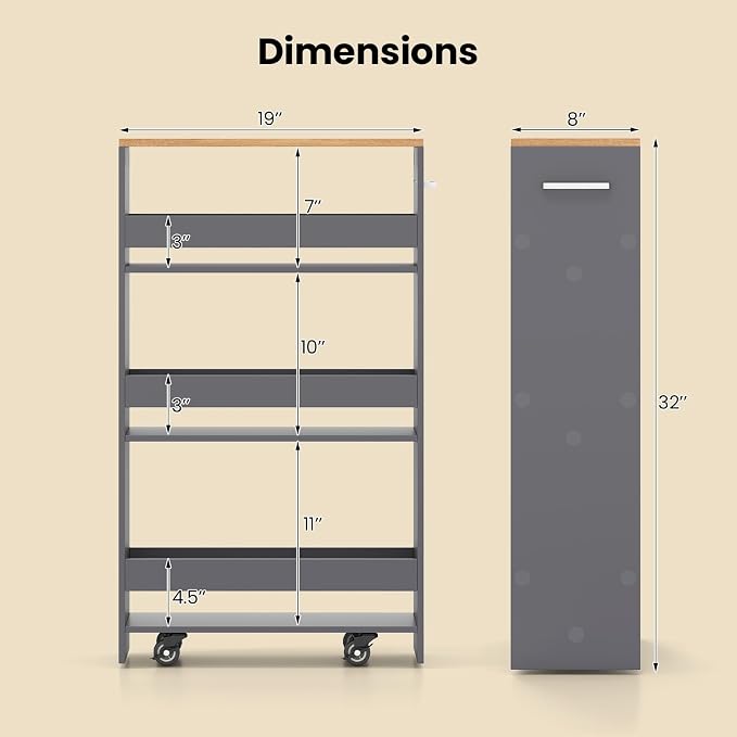 Small Kitchen Cart, 4-Tier Slim Rolling Island w/Handle, Laundry Room Storage - Image 4