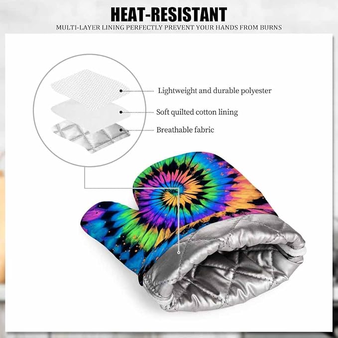 Mxocom Tie Dye Heat-Resistant Oven Mitts and Pot Holder Hand Drawn Rainbow - Image 5