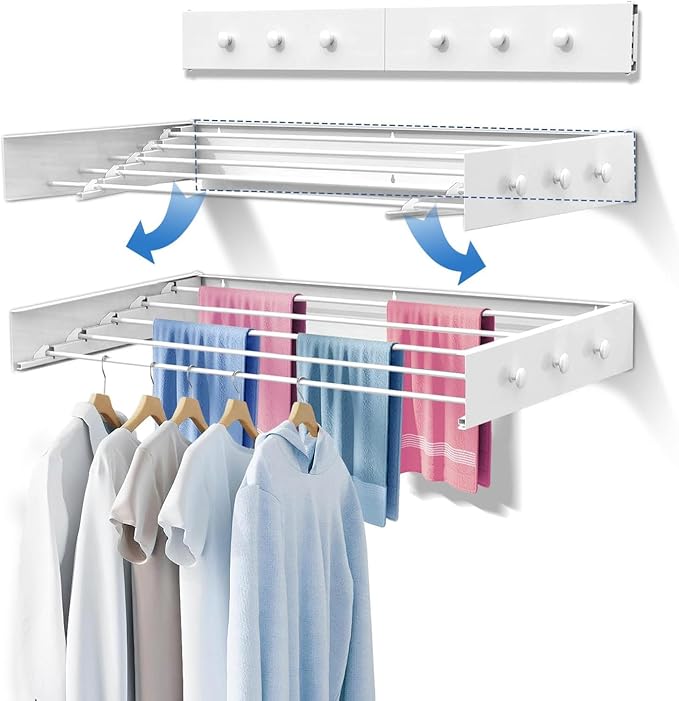 Upgrade 6 Knob Wall Mounted Clothes Drying Rack, Foldable Collapsible, Clothing by Muibe