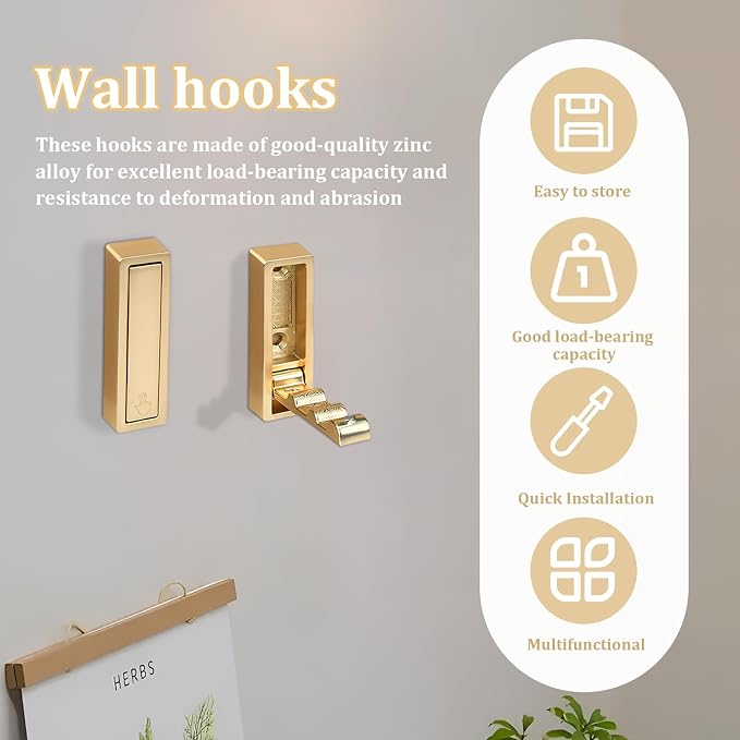 4pack Gold Foldable Wall Hooks, Folding Coat Hooks Wall Mounted, Foldable Plant - Image 3