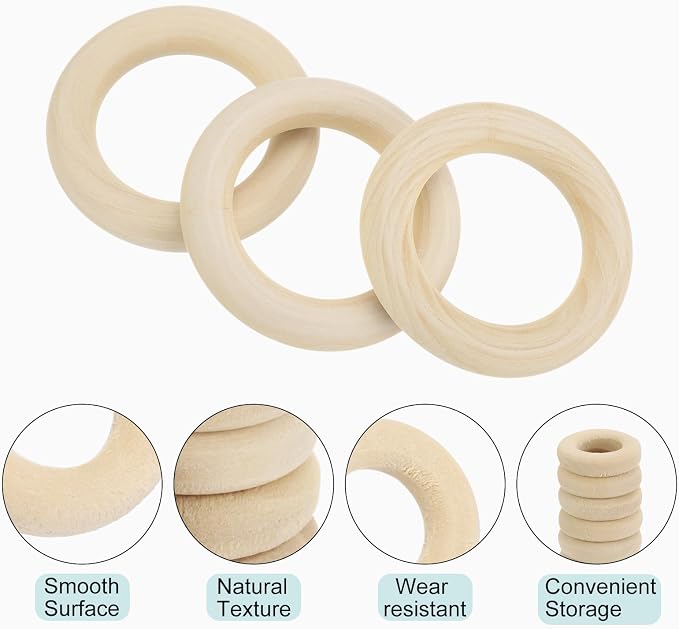 MECCANIXITY 10pcs 2.4" Unfinished Wooden Rings Smooth Natural Wood Macrame Rings - Image 3