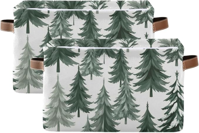 Pfrewn Christmas Square Storage Basket Woodland Rustic Forest Pine Trees - Image 2