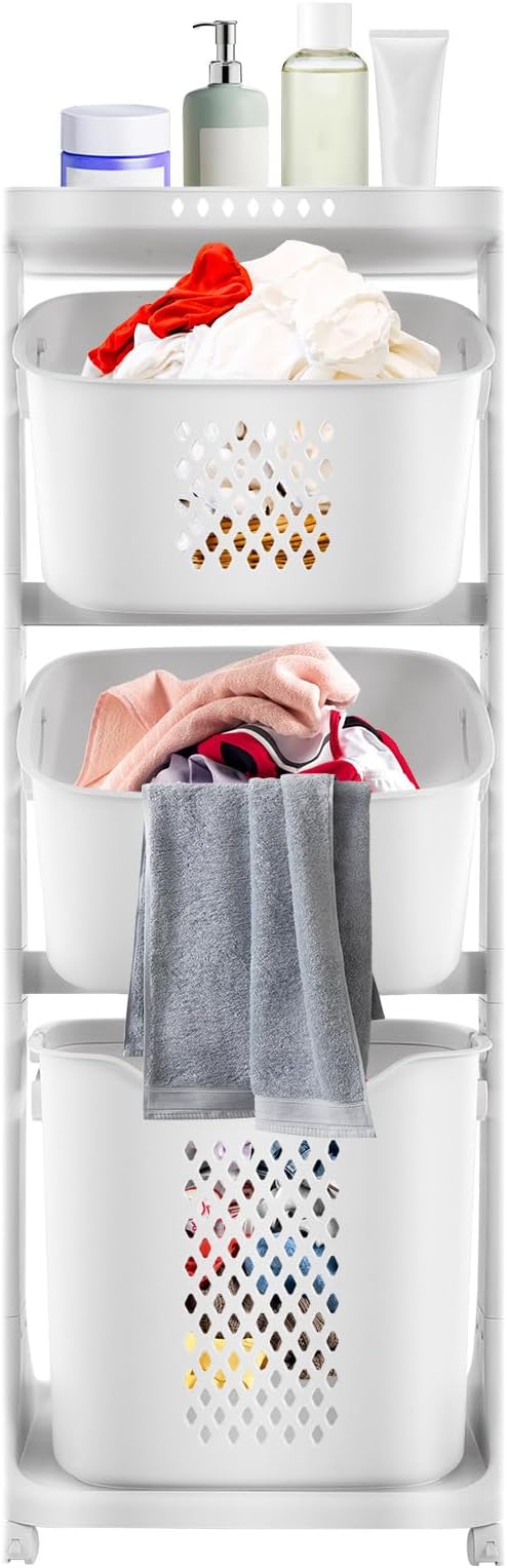 White Laundry Basket, 3 Tier Rolling Laundry Hamper Cart Multi-purpose Laundry by Unknown