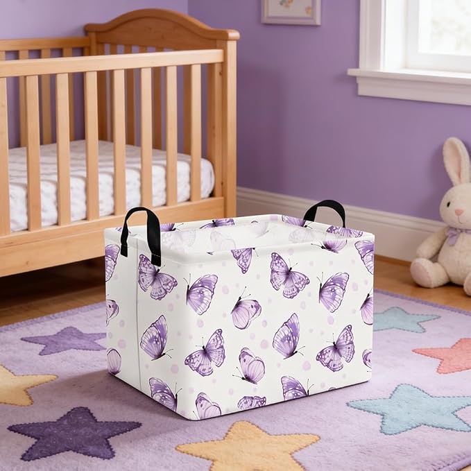 Rectangular Purple butterfly basket, Books Storage Basket, Collapsible Storage - Image 4