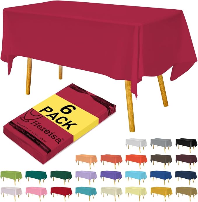 Cerise 6 Pack Disposable Plastic Tablecloths 54" x 108", Rectangle Table Cover by Hereisa