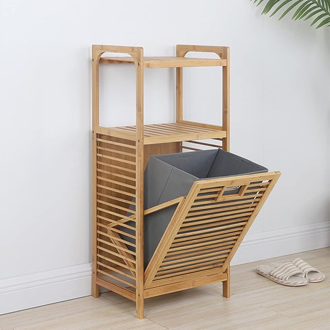 3 Tier Bamboo Laundry Hamper, Large Capacity Free Standing Hamper - Image 3