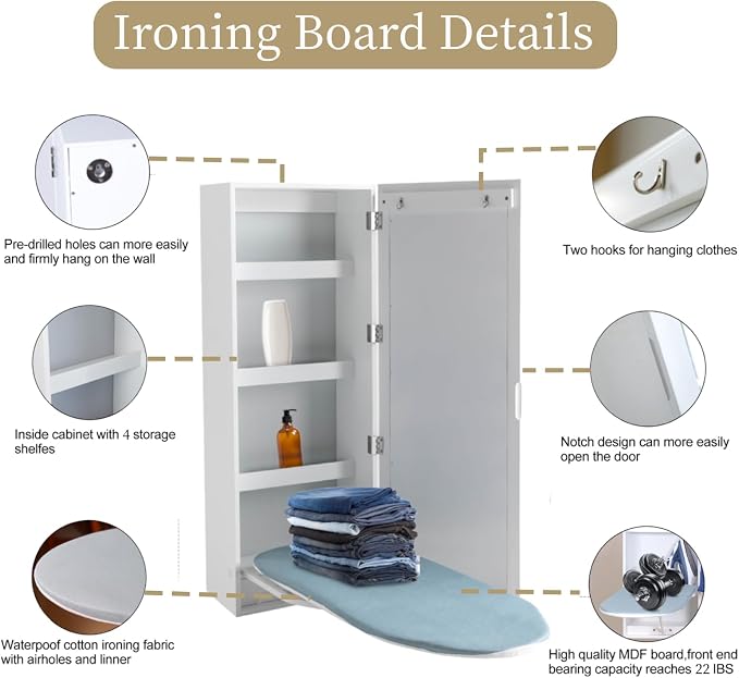 Folding Ironing Board Wall Mounted Ironing Board Cabinet, 180° Rotating - Image 3