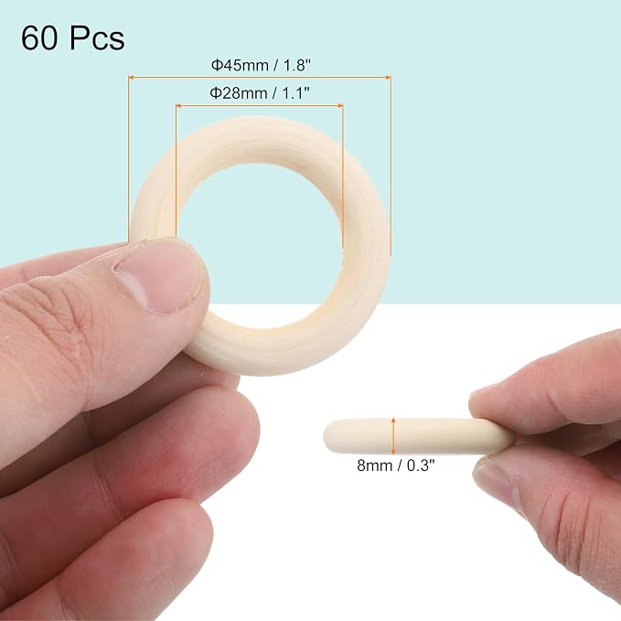 MECCANIXITY 60pcs 1.8" Unfinished Wooden Rings Smooth Natural Wood Macrame Rings - Image 2