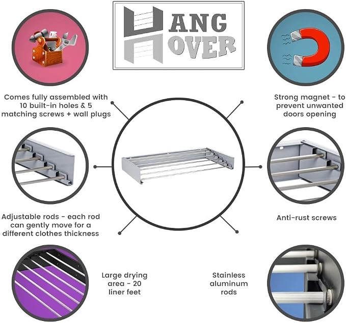 Wall Mounted Foldable Drying Rack 40" Elegant Matte Invisible Hanger | an - Image 5