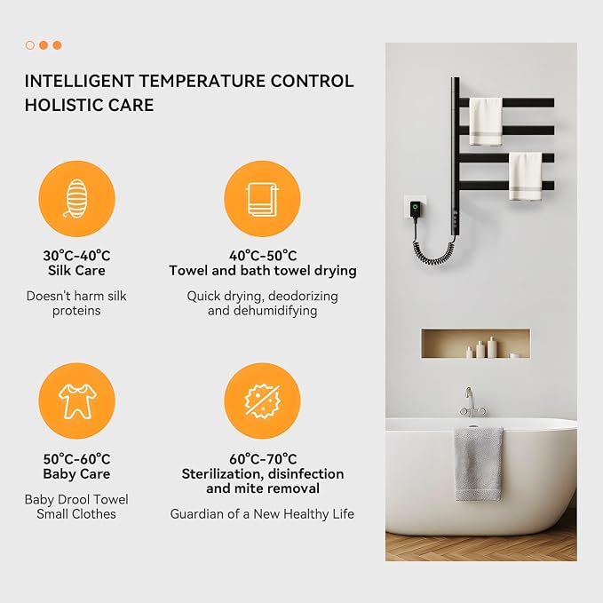 Swivel Heated Towel Rack Electric Towel Warmer Wall Mounted 4 Wider Square Bars - Image 6