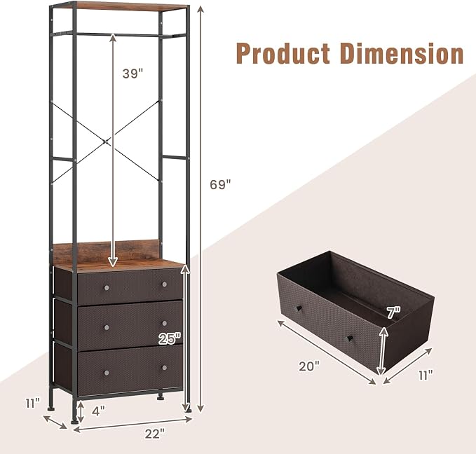 LOKO Clothes Rack with 3 Fabric Drawers, Freestanding Closet Organizer - Image 4