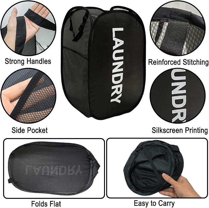 Pop Up Laundry Hampers, Collapsible Mesh Laundry Baskets, 2 Pack Black Clothes - Image 6