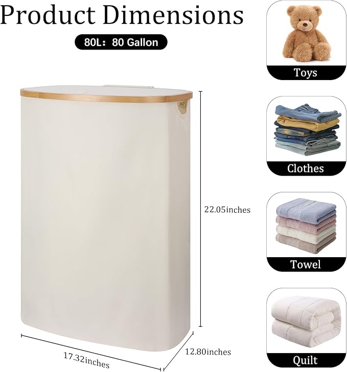 Slim Laundry Basket with Lid, 80L Narrow Laundry Hamper with Removable Bag - Image 3