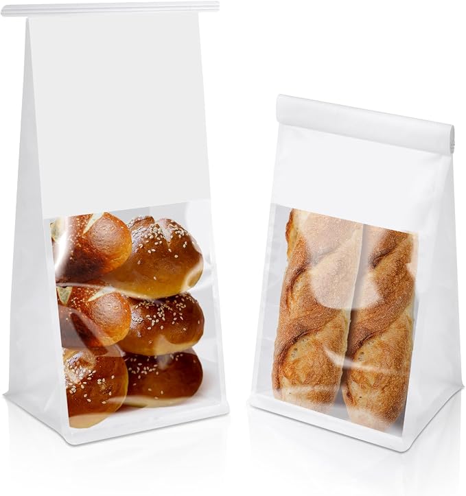 100 Pack Bakery Bags with Window, 5.1x3.9x11 Inches Paper Bread Packaging Tin by Bakbania