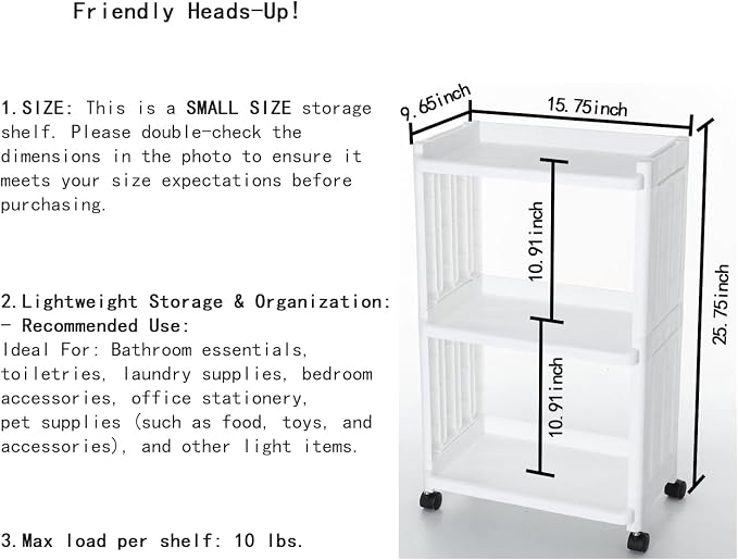 3 Tier Rolling Storage Cart for Bathroom Toilet Side Storage Shelf - Image 5