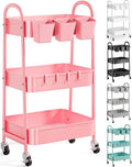 3 Tier Metal Rolling Cart with Lockable Wheels and Handle, Three Tiered Pink by Recximi