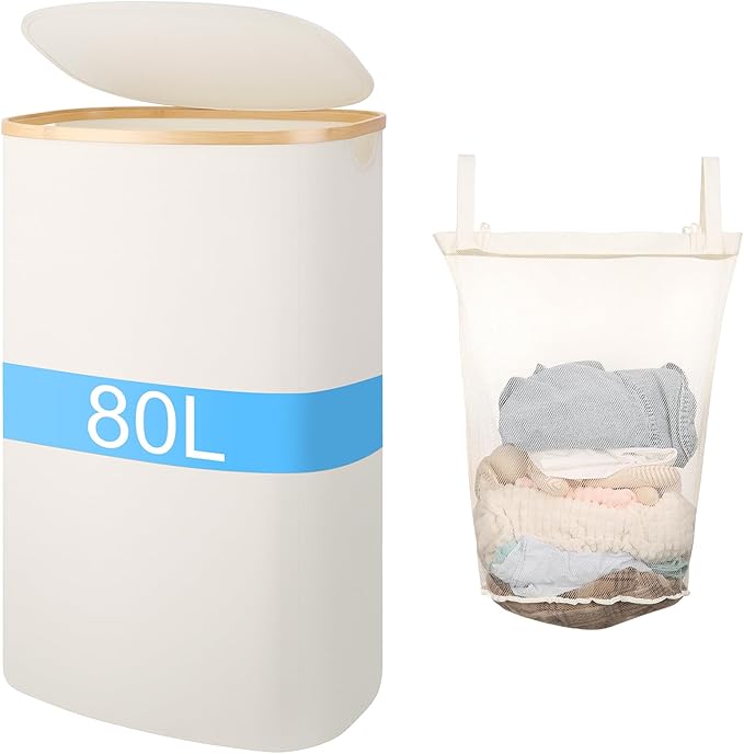 Slim Laundry Basket with Lid, 80L Narrow Laundry Hamper with Removable Bag by VANNPOOY